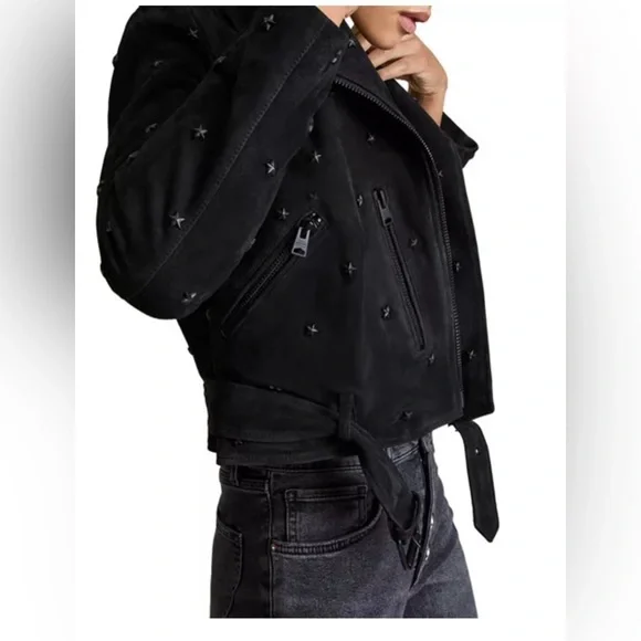 All Saints x Balfern Star Studded Suede Biker Jacket sz US 4 NWT 559$ - Picture 4 of 14
